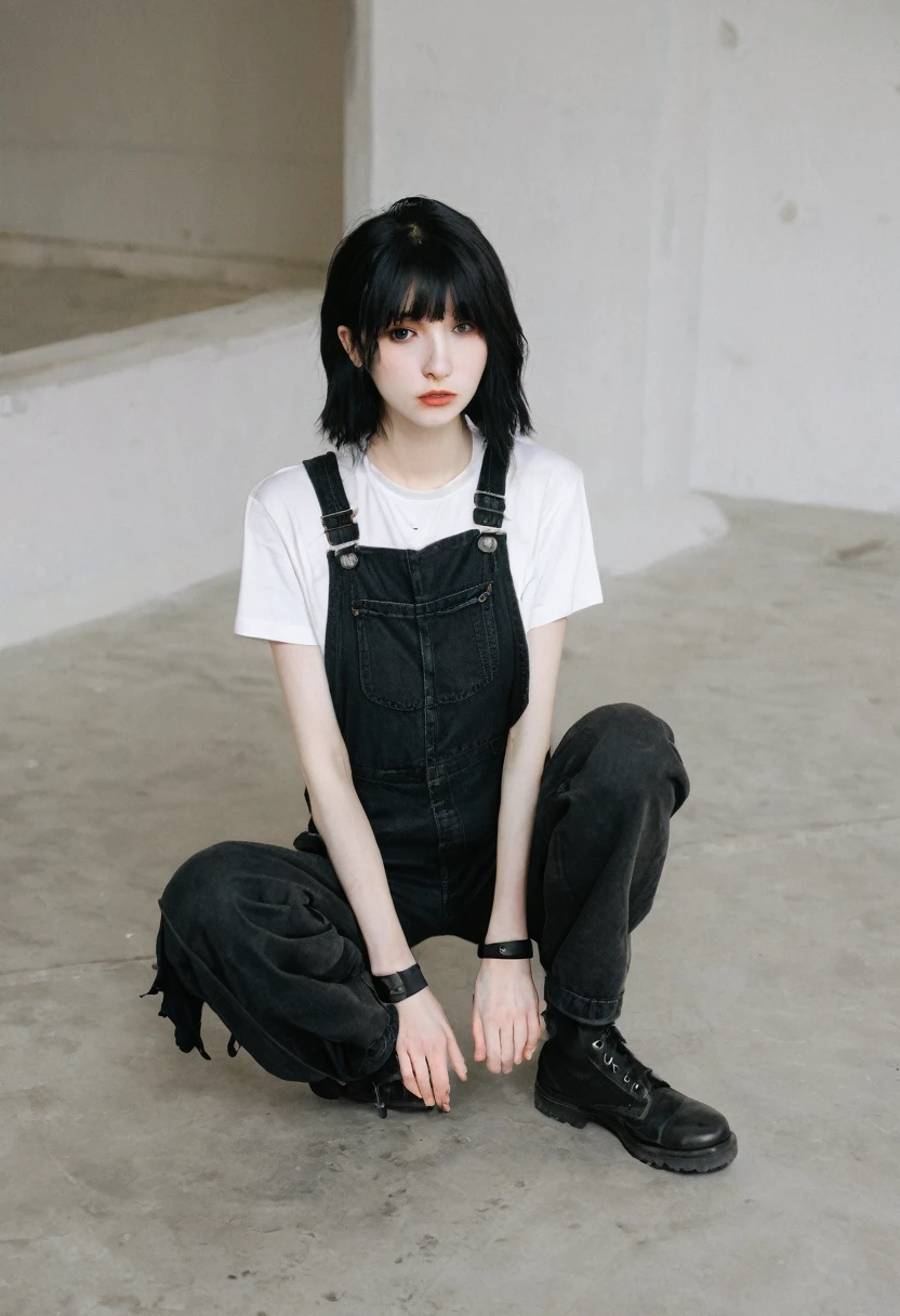 Pale goth, skinny arms, black overalls, kneeling,