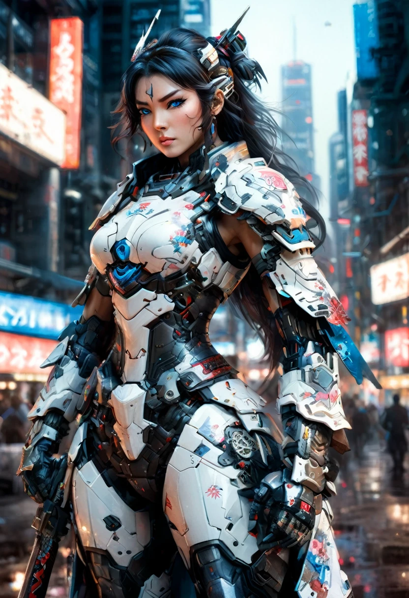 Japanese water color art picture of a mecha samurai woman in cyberpunk city, a mecha samurai woman, ultra feminine, exquisite beautiful woman, (fully clothed: 1.3), black hair, long hair, (blue eyes: 1.3), she stands ready to battle, wearing (white mecha armor: 1.3), high heeled boots, she is armed with a Japanese sword, Japanese Cyberpunk city at night, background, (Masterpiece: 1.5), 16k, highres, best quality, high details, ultra detailed, masterpiece, best quality, (extremely detailed), arafed, mecha, 