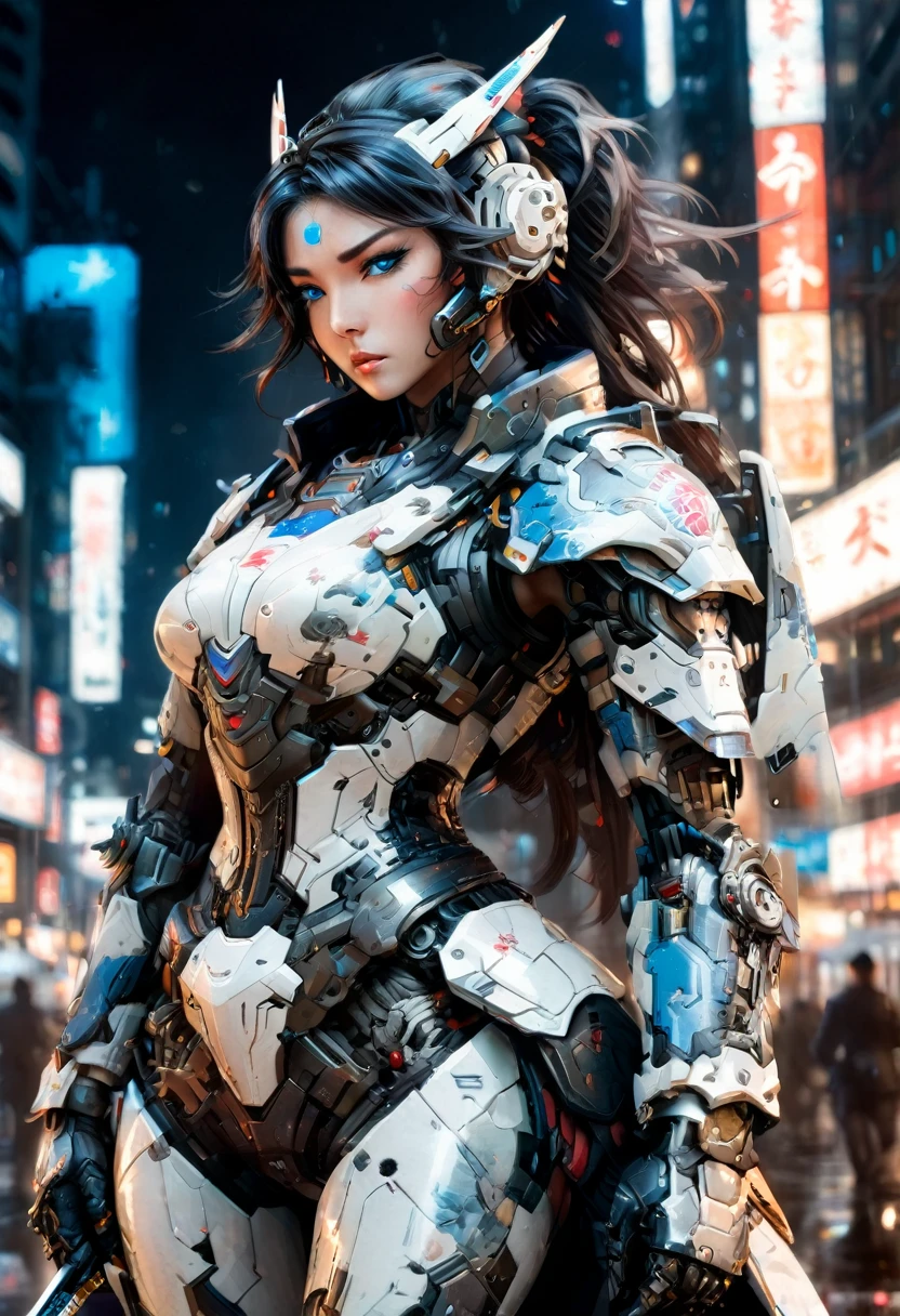 Japanese water color art picture of a mecha samurai woman in cyberpunk city, a mecha samurai woman, ultra feminine, exquisite beautiful woman, (fully clothed: 1.3), black hair, long hair, (blue eyes: 1.3), she stands ready to battle, wearing (white mecha armor: 1.3), high heeled boots, she is armed with a Japanese sword, Japanese Cyberpunk city at night, background, (Masterpiece: 1.5), 16k, highres, best quality, high details, ultra detailed, masterpiece, best quality, (extremely detailed), arafed, mecha, 