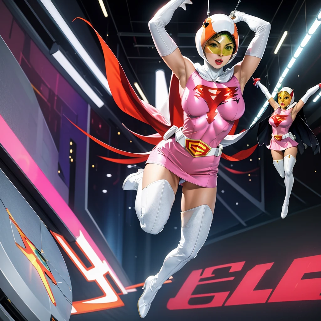ANI_CLASSIC_jun_gatchaman_ownwaifu,1girl, ,good anatomy, masterpiece, best quality,realistic, hyperrealistic, 16k hdr,breasts,green eyes,lips,large breasts,lipstick,makeup,gloves,cape,helmet,belt,elbow gloves,white gloves,mask,ultra miniskirt,leotard,spacesuit,white tight overknee highheels boots,pink dress,superhero,bodysuit,cleavage,erected nipples,((jumping poses,arms up straight)),cameltoe