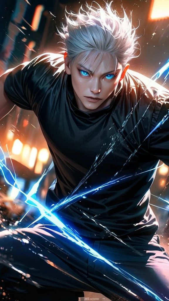 High quality, ultra realistic,absurdres, highres, ultra detailed, HDR, masterpiece, extremely detailed face and eyes,  Gojo satoru , jujutsu kaisen,, white hair ,black shirt , solo, ,man, handsome, blue eyes,white eyeleshes , Epic fight scene, blue splashing effect,blue lightning  effect,glowing glitters , 