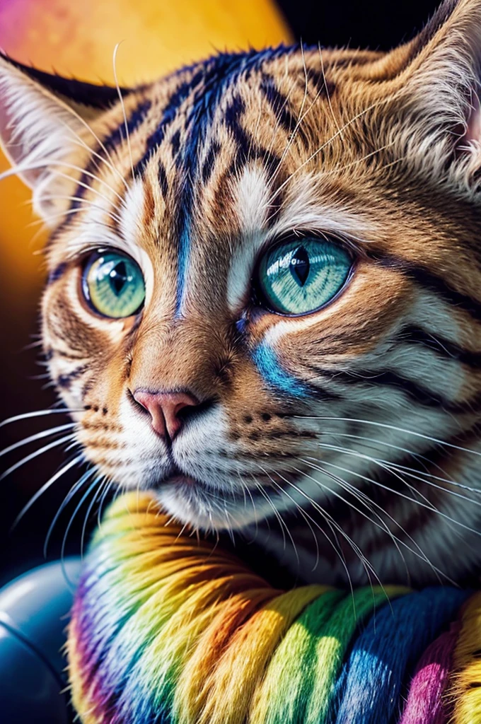 gato colorido com olhos azuis e fundo colorido, lindos gatos neon, em um estilo de arte lisa frank, retrato de Lisa Frank, estilo lisa franca, no estilo de lisa frank, inspired por Lisa Frank, amazing cat, liquid cat, por Lisa Frank, hiper colorido, imagem colorida, cores vibrantes e realistas, colorido 8k, super colorido, EXTREMAMENTE COLORIDO cat playing a soccer ball, brown straight hair, cinematic lighting, cowboy shot, UHD, 8k
