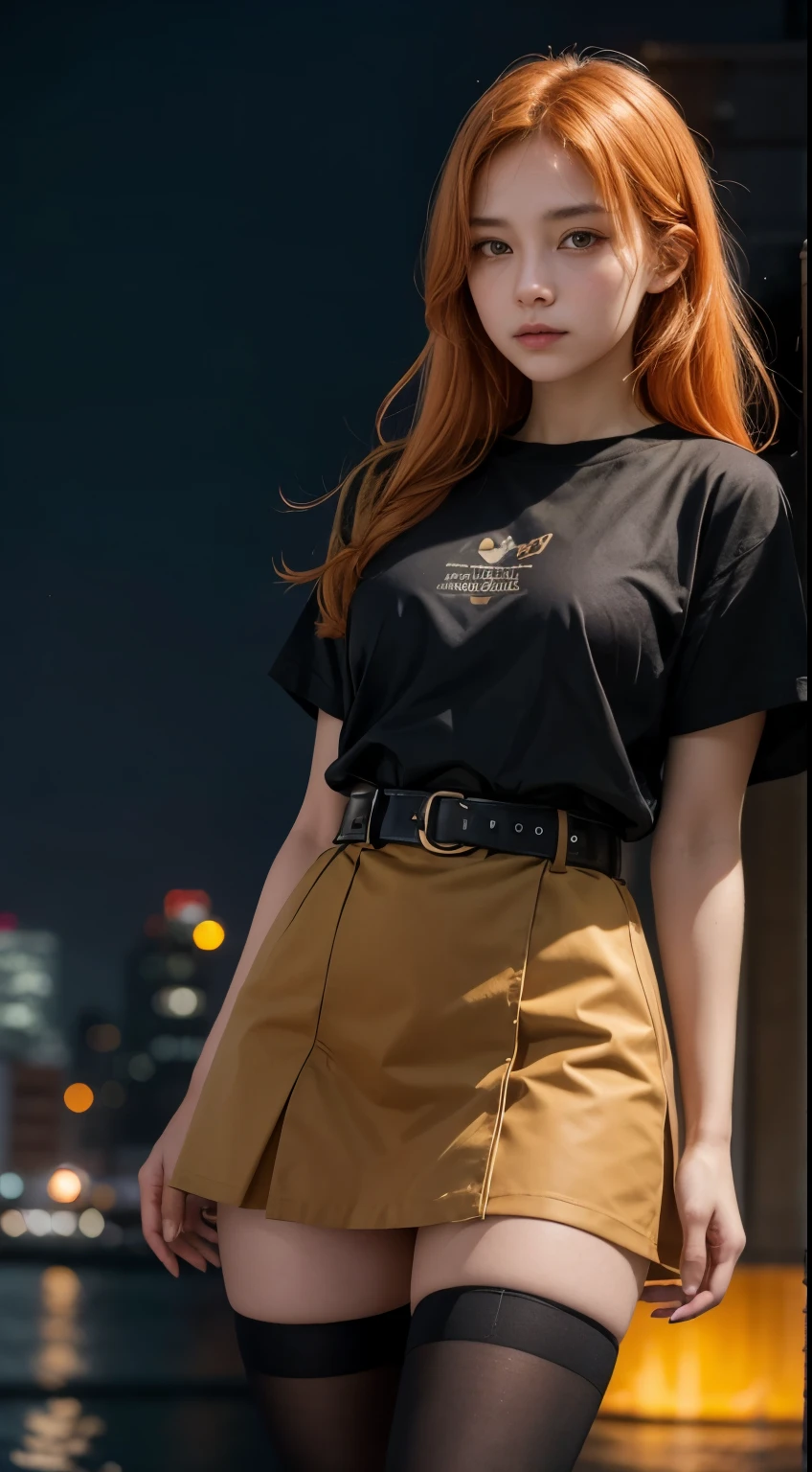 A young woman with richly faded light orange hair and light brown skin standing in a night city setting. She has orange eyes and is wearing a khaki t-shirt, a black skirt, and brown military boots. She has a black long cloak and a brown pouch on her waist belt. The scene is illuminated by city lights, giving it a realistic urban feel. She has a thoughtful expression on her face, with one hand near her chin. Her attire includes dark orange knee pads on her right leg and black tights. The background shows a city skyline with buildings and lights reflecting on the water. The lighting highlights her natural features, making the scene look realistic and detailed.