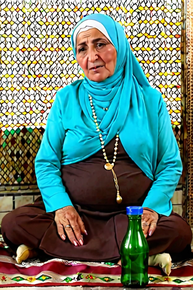 Kurdish older mature woman in straight hijab sitting at bottle