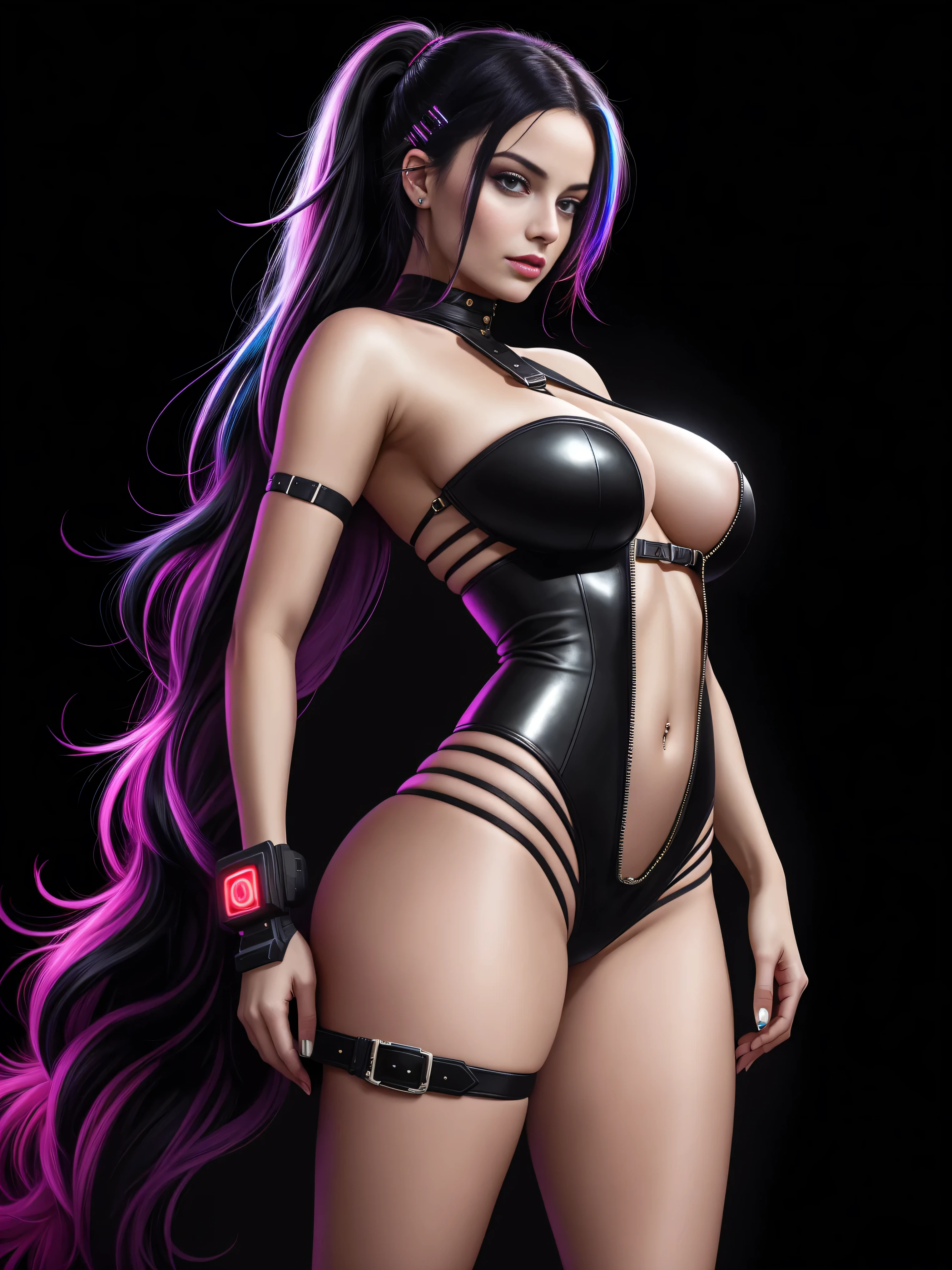 there is Margot Robbie, black neon streaked hair, hair in pony tail, 3 d neon art of a womans body, neon-noir background, cyberpunk femme fatale, seductive cyberpunk dark fantasy, cyberpunk strip clubs, cyberpunk 20 y. o model girl, oppai cyberpunk, banner, high definition cgsociety, cgsociety masterpiece, trending on cgstation, kda, random hair, nice ass, back to camera, gigantic breasts, cleavage, (high detailed skin:1.2), 8k uhd, dslr, super lighting, high quality, film grain, high res, highly detailed, hyper realistic, beautiful face, beautiful body, beautiful eyes nose lips, alluring expression, very bold, upper  visible, full body photo, standing legs apart, pale translucent glowing skin, most beautiful face, cute, (well defined pubic hair:1.2)), (dark plain black background:1.4))