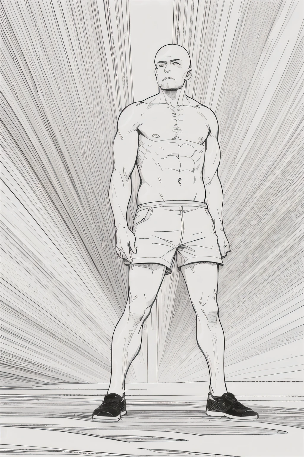 masterpiece, best quality, Background Monochrome，1 man, Solitary,Baldhead, Look ahead, serious, Strengthen your muscles, shorts, full-body shot,Standing front，Line Art, monochrome, 