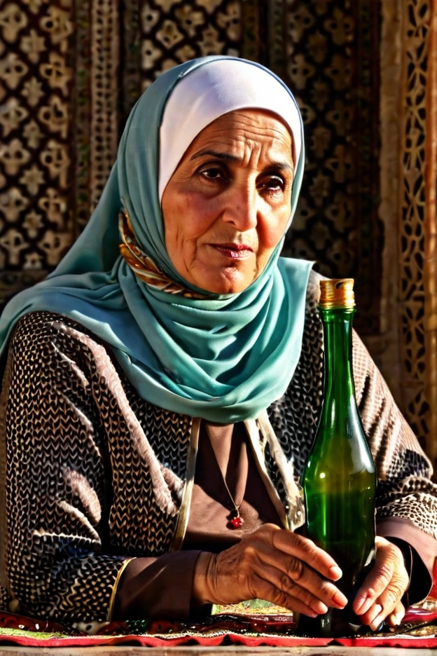 Kurdish older mature woman in straight hijab sitting at bottle