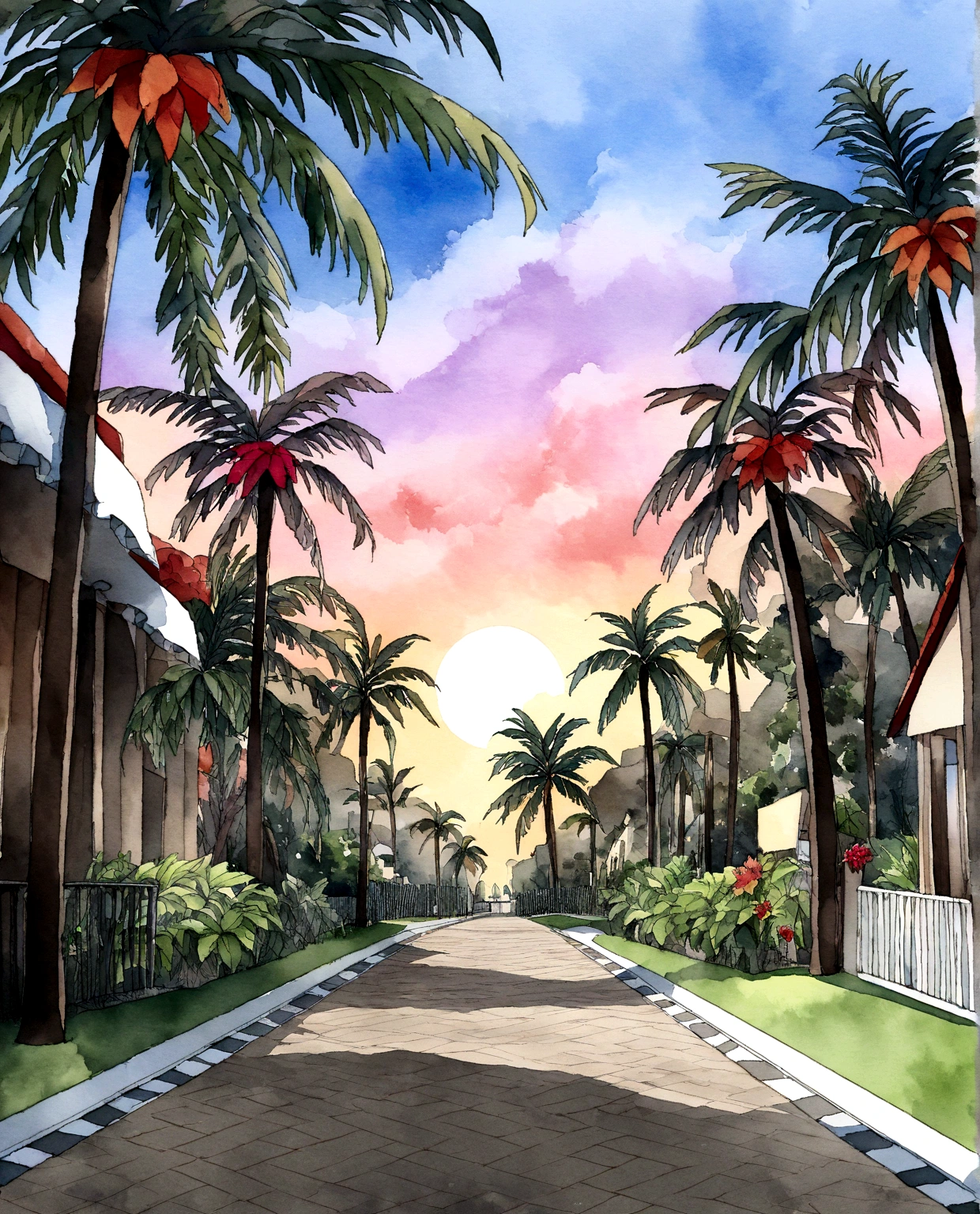 An imaginative watercolor interpretation of the street lined with palm trees, watercolor canva, where the colors blend and flow, tropical trees, Side of the image with white blur, palm trees in the background, tree palms in background, Descriptive keywords: Imaginative watercolor canva, Color blending, Watercolor ambiance, Twilight inspiration, Side of the image with white blur. Camera type: Watercolor paper. Time of the day: Twilight sunset. Style of artwork: Whimsical and imaginative. By artist: TwilightCanvas -ar 3:2
