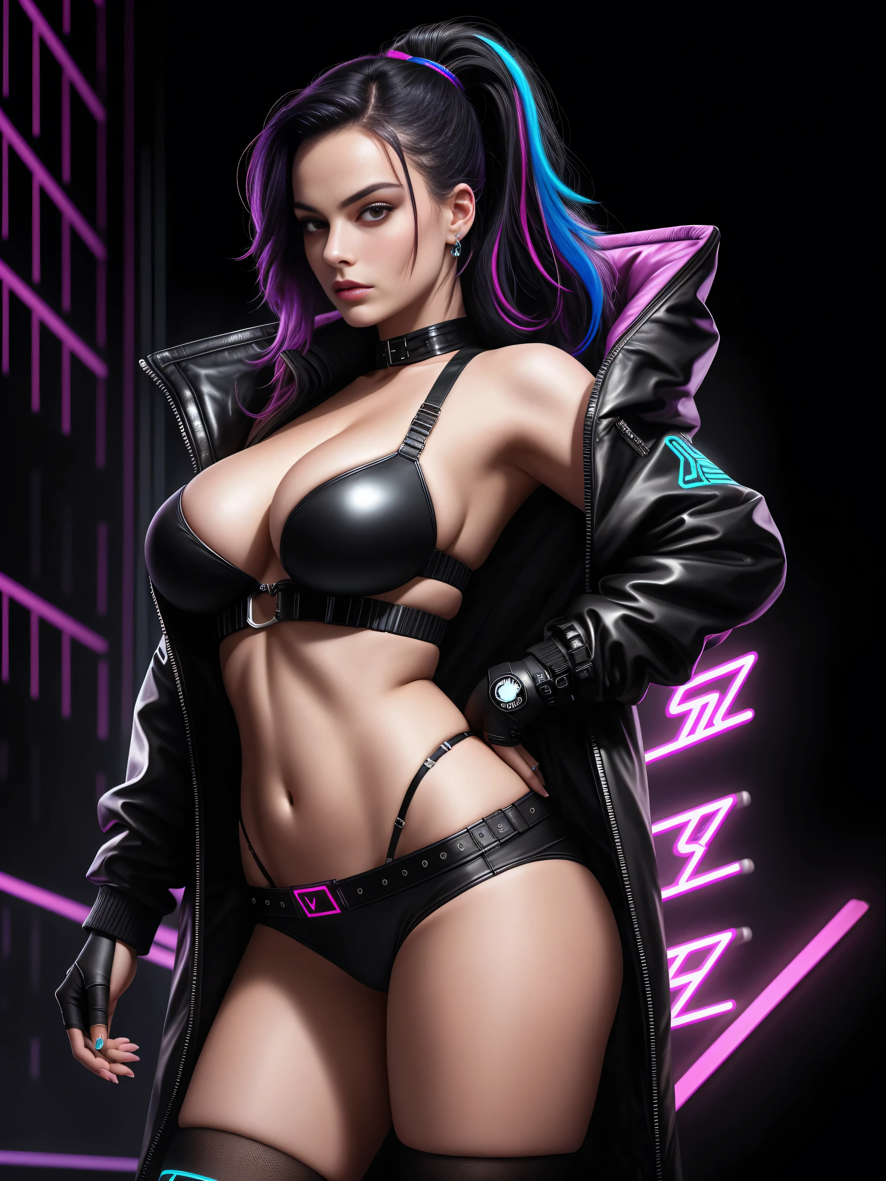 there is Margot Robbie, black neon streaked hair, hair in pony tail, 3 d neon art of a womans body, neon-noir background, cyberpunk femme fatale, seductive cyberpunk dark fantasy, cyberpunk strip clubs, cyberpunk 20 y. o model girl, oppai cyberpunk, banner, high definition cgsociety, cgsociety masterpiece, trending on cgstation, kda, random hair, nice ass, back to camera, gigantic breasts, cleavage, (high detailed skin:1.2), 8k uhd, dslr, super lighting, high quality, film grain, high res, highly detailed, hyper realistic, beautiful face, beautiful body, beautiful eyes nose lips, alluring expression, very bold, upper  visible, full body photo, standing legs apart, pale translucent glowing skin, most beautiful face, cute, (well defined pubic hair:1.2)), (dark plain black background:1.4))