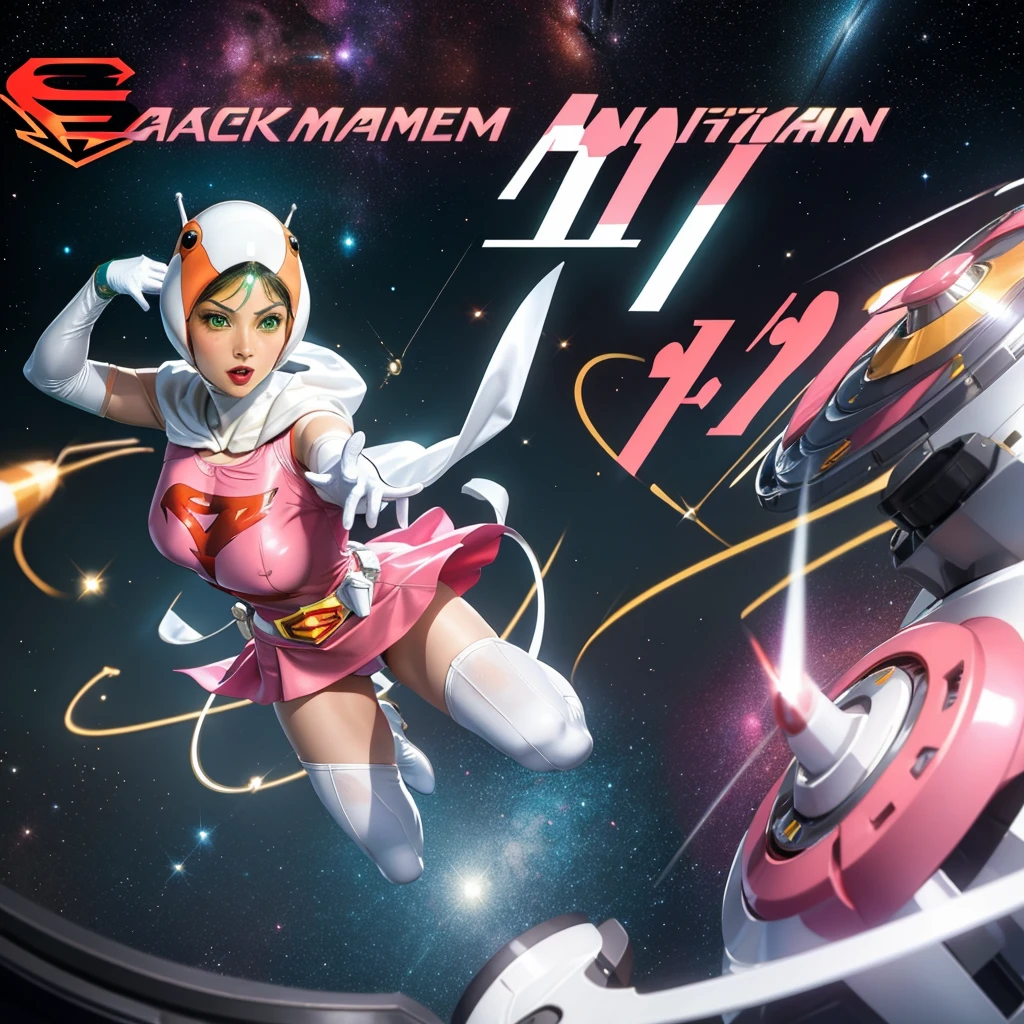 ANI_CLASSIC_jun_gatchaman_ownwaifu,1girl, 15yo,good anatomy, masterpiece, best quality,realistic, hyperrealistic, 16k hdr, long hair,breasts,green eyes,lips,large breasts,lipstick,makeup,gloves,cape,helmet,belt,elbow gloves,white gloves,mask,ultra miniskirt,leotard,spacesuit,white tight overknee highheels boots,pink dress,superhero,bodysuit,cleavage,erected nipples,(sexy pose,front view),(spread legs:1.1),cameltoe