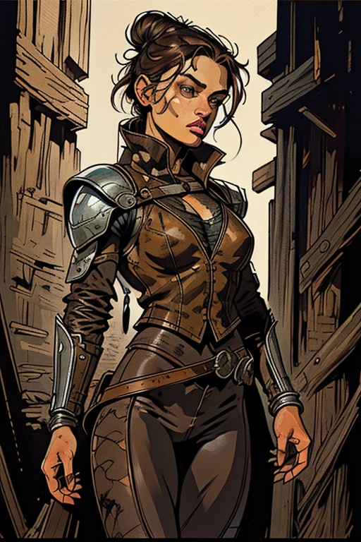 1girl, detailed face, beautiful detailed eyes, beautiful detailed lips, extremely detailed face and eyes, longeyelashes, 20-year-old girl, practical attire, dark messy bun, piercing eyes, slightly tan skin, few freckles, loose dark brown cloth, leather vest, leather leggings, detailed clothing, medieval fantasy, cinematic lighting, dramatic shadows, painterly, highly detailed, 4k, ultra-detailed, masterpiece, realistic, photorealistic