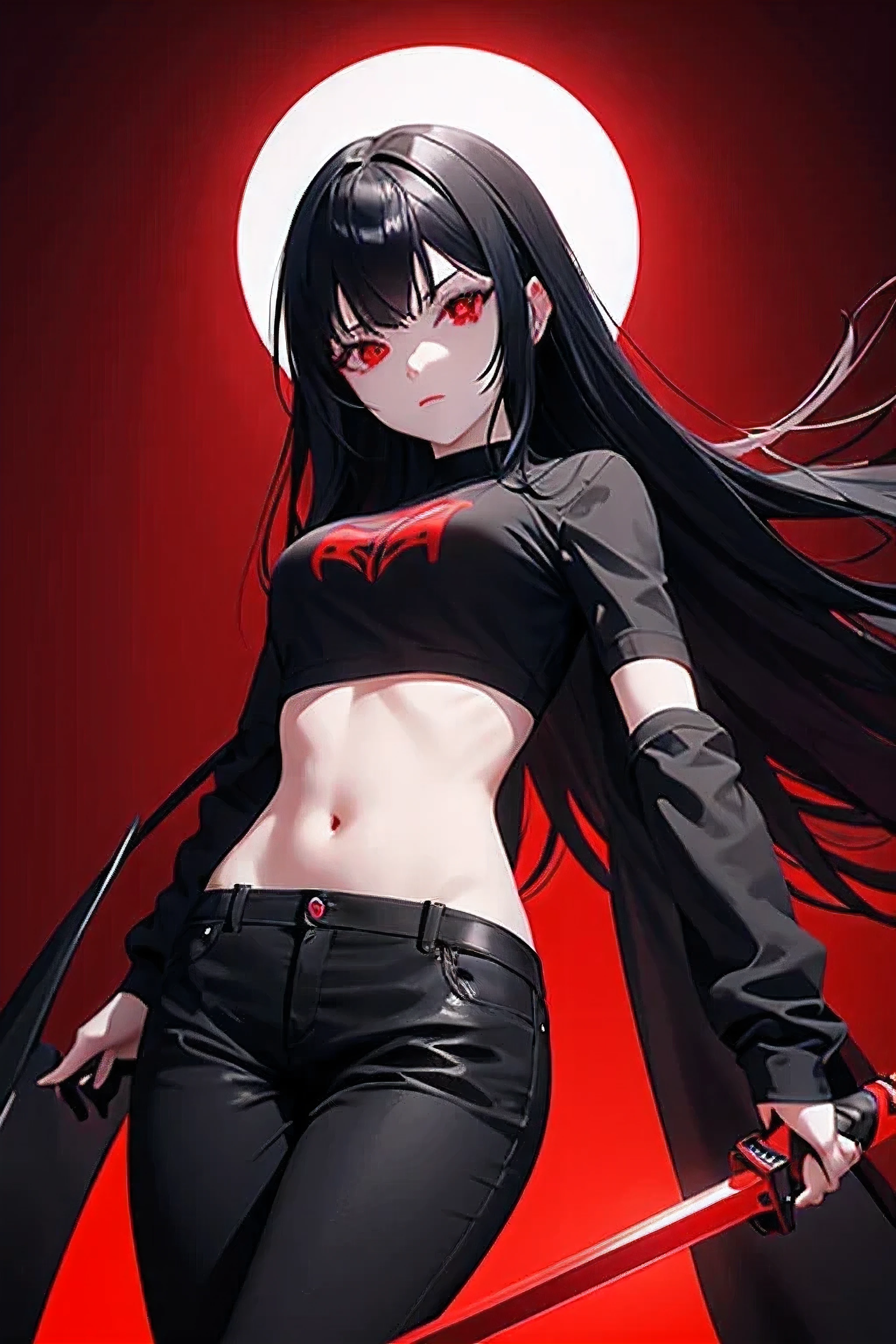 a picture of a vampire girl with red eyes and black hair with a robotical arm wearing a red t-shirt and long black pants with white stripes having a red long sword.