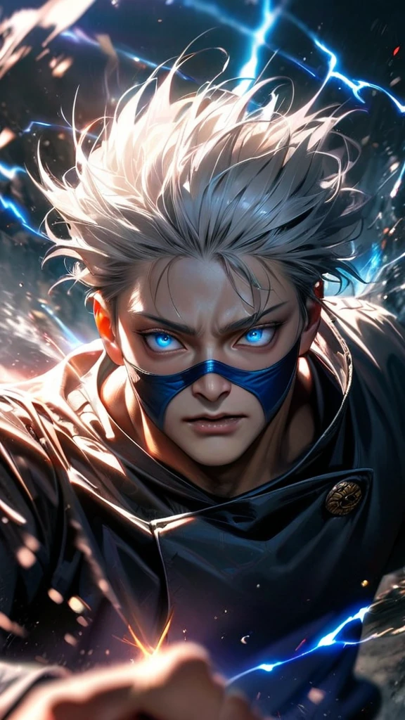 High quality, ultra realistic,absurdres, highres, ultra detailed, HDR, masterpiece, extremely detailed face and eyes,  Gojo satoru , jujutsu kaisen,, white hair ,black shirt , solo, ,man, handsome, blue eyes,white eyeleshes , Epic fight scene, blue splashing effect,blue lightning  effect,glowing glitters , black eyes patch masker