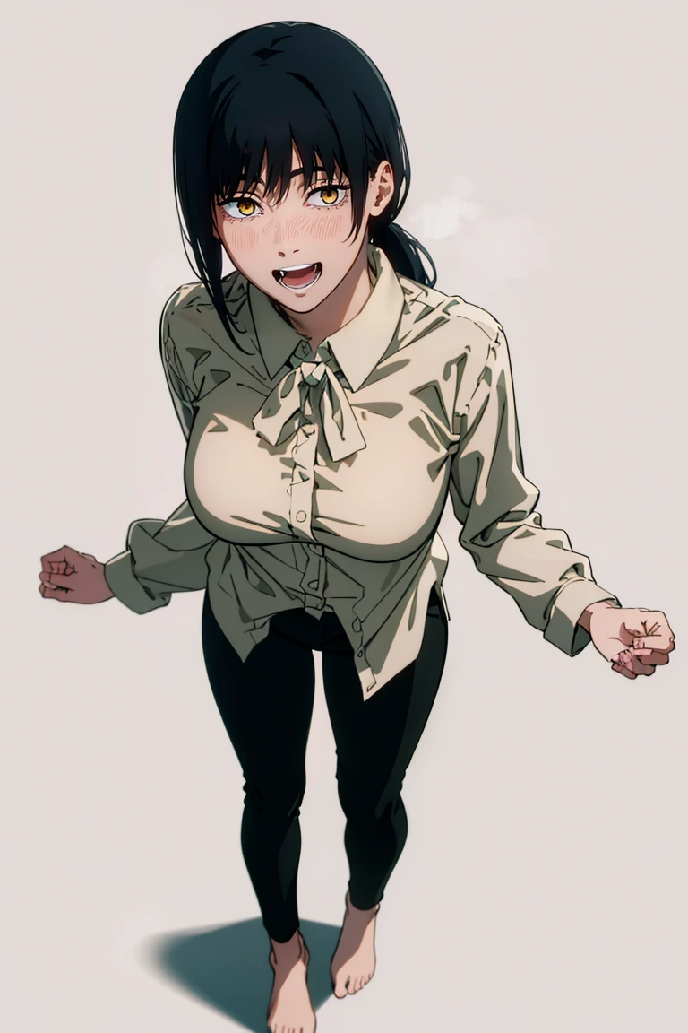 ((a girl in casual clothes)),((pink long sleeve blouse)) , black pants, looking at the viewer in a lascivious manner, blushing, and sweating a lot, panting, with one hand raised, white background, first person look, pov, from above, saliva,full body ,csm anime style