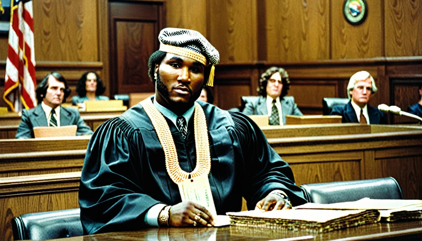1970s photo of "Young Jeezy" dressed as a municipal judge, courtroom, cash,