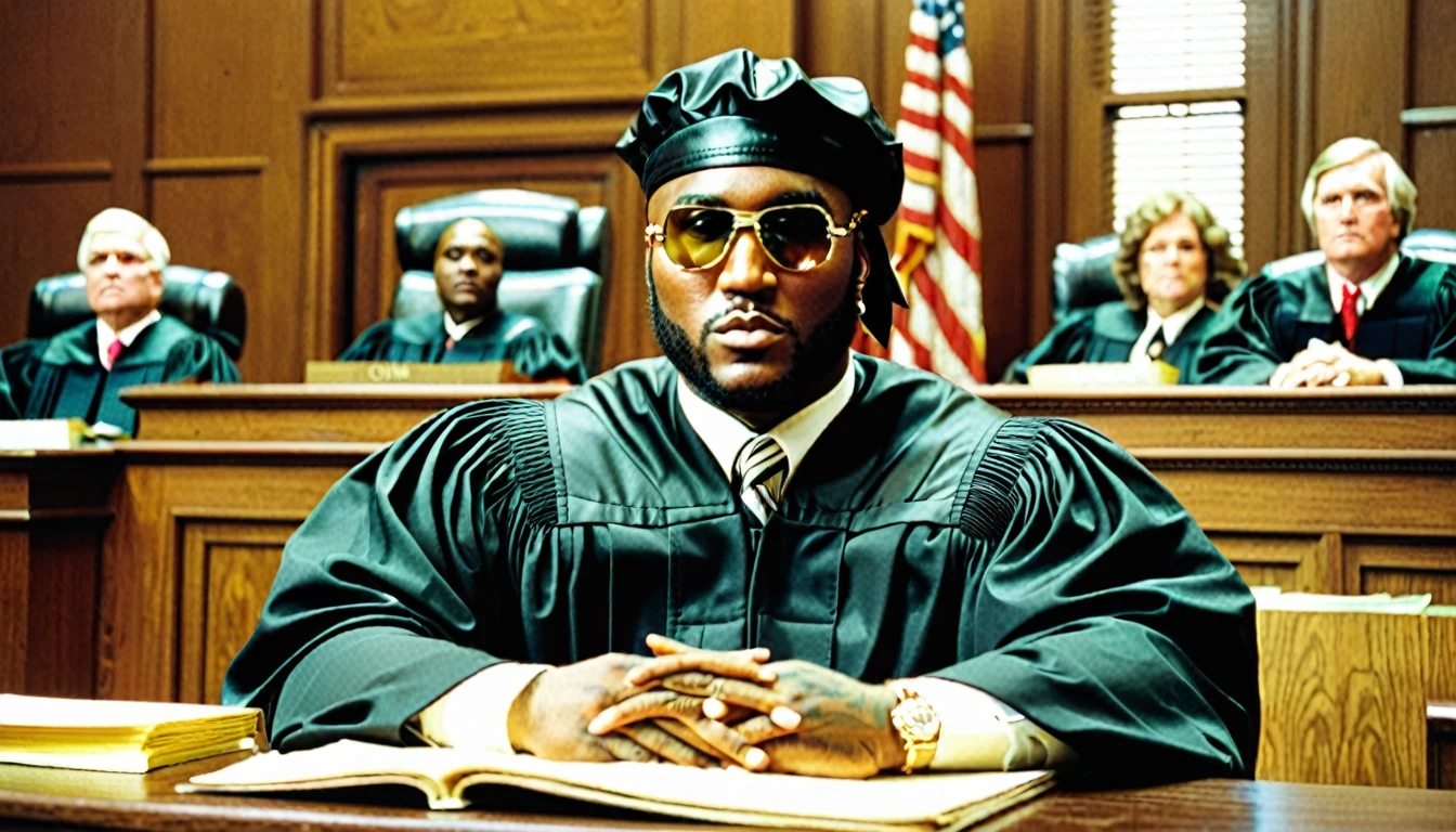 1970s photo of "Young Jeezy" dressed as a municipal judge, courtroom, cash,