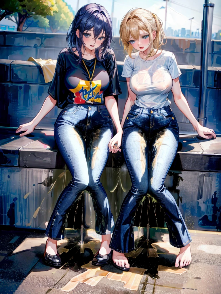 best quality, highres, 8k, masterpiece, immersive atmosphere, chiaroscuro:(1.5, bright light:1.2, luminous lighting), blurring, (background blur:1.5),
(dynamic angle, standing:1.2), outdoors, downtown, (legs focus, full body:1.5), delicate features, (beautiful face, beautiful eyes, beautiful legs), not safe for work, (opaque:1.5), high contrast, (peeing self:1.9), wetting herself, (pee stain:1.7), peeing herself, (urination:1.7),
group of 3 girls, 20 years old, european, white skin, bright lips, blush, scared, panicking, open mouth, looking at viewer, (slender figure:1.1), large breast, hard nipples, (hands between legs:1.4), (jeans pants:1.2, skinny jeans:1.2, flares jeans:1.2, blue jeans:1.2), (knees together feet apart:1.4)