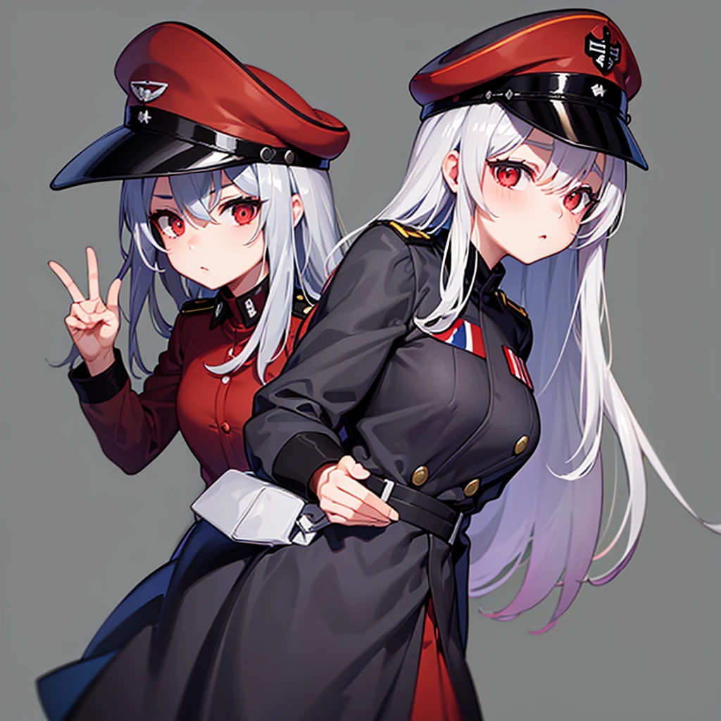 1girl, loock at sky, veiv from side, in uniform, grey background, black uniform, red elements on unifrom, 1940-1945 military cap, red eyes, grey hair, medium breasts, clothed, rains