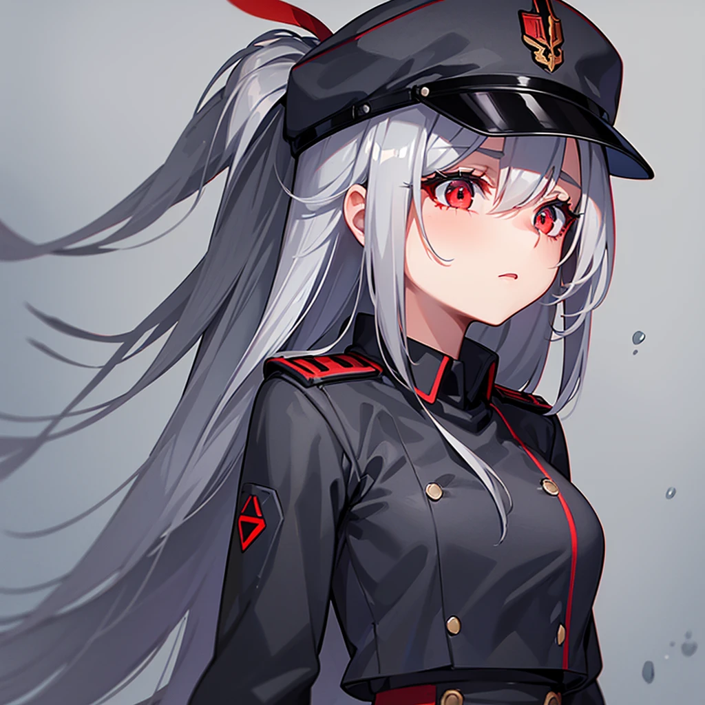 1girl, loock at sky, veiv from side, in uniform, grey background, black uniform, red elements on unifrom, 1940-1945 military cap, red eyes, grey hair, medium breasts, clothed, rains