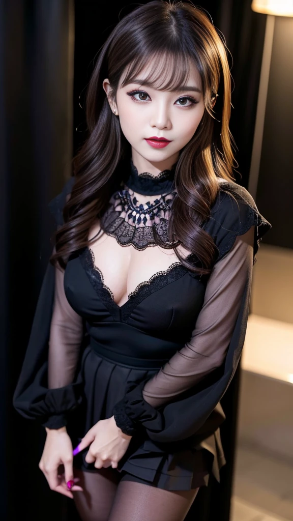 best quality、ultra-detailed、8k、Japanese、Japanese、Seductive beauty、seductive adult woman、Pretty Woman、cool girl、smirk、Wicked Smile、Villainess、brainwash makeup、Brainwashed、brainwash、Fallen into evil、Evil look、evil、Brown hair、wavy hair、swept bangs、dark makeup、piercing eyes、hollow eyes,half-closed eyes、Hollow Eyes、purple Eyeshadow、black lipstick、black lipglos、black elegant dress、wide sleeve、Black flared skirt、skin color pantyhose、stockings、night、inside darkroom、hand hold pantyhose、Are standing、Look、Offer、shoot from below、Swear allegiance、I have pledged my allegiance、