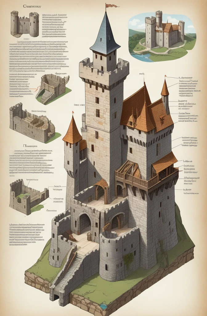 (((Textbook page with isometric cutaway view of medieval castle, Cross-sectional view, labeled parts, Detailed technical drawing))) stone walls with windows, fortified towers with wooden parts, mechanical bascule bridge, water ditch, (windows with detail, towers with detail, detailed bridge, ((giant castle)) vegetation, all one color, ((Dragon)) large map