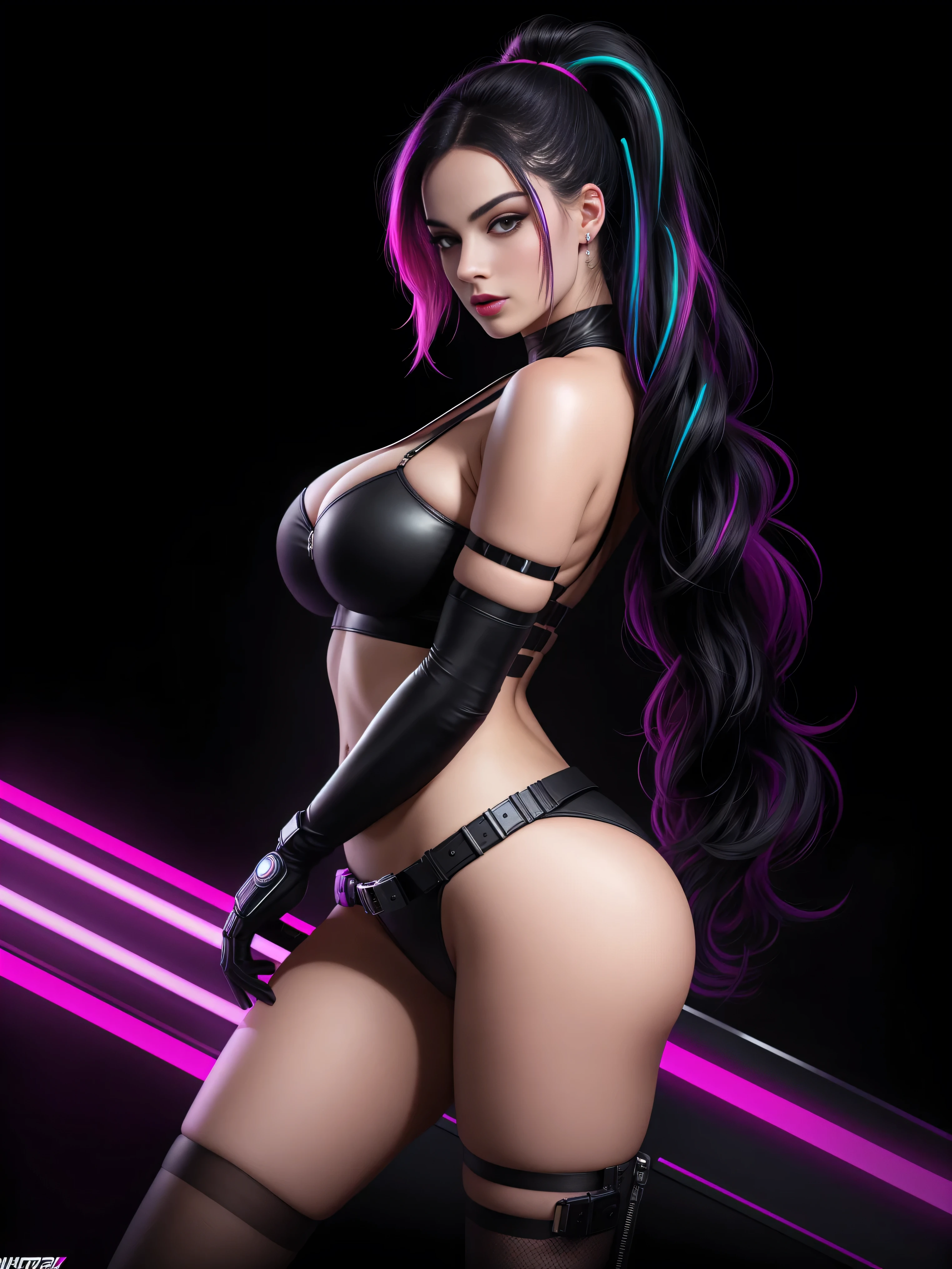 there is Margot Robbie, black neon streaked hair, hair in pony tail, 3 d neon art of a womans body, neon-noir background, cyberpunk femme fatale, seductive cyberpunk dark fantasy, cyberpunk strip clubs, cyberpunk 20 y. o model girl, oppai cyberpunk, banner, high definition cgsociety, cgsociety masterpiece, trending on cgstation, kda, random hair, nice ass, back to camera, gigantic breasts, cleavage, (high detailed skin:1.2), 8k uhd, dslr, super lighting, high quality, film grain, high res, highly detailed, hyper realistic, beautiful face, beautiful body, beautiful eyes nose lips, alluring expression, very bold, upper visible, full body photo, standing legs apart, pale translucent glowing skin, most beautiful face, cute, (well defined pubic hair:1.2)), (dark plain black background:1.4))