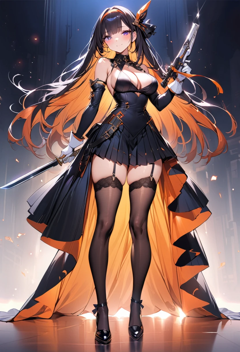 masterpiece, best quality, 1girl, weapon, breasts, solo, colored-inner-hair, thighhighs, long-hair, holding, large-breasts, sideboob, gun, mole, detached-sleeves, holding-weapon, full-body, smile, bangs, mole-under-eye, black-hair, looking-at-viewer, gloves, dress, black-thighhighs, multicolored-hair, garter-straps, hair-ornament, white-gloves, simple-background, orange-hair, two-tone-hair, black-footwear, holding-gun, bare-shoulders, closed-mouth, blunt-bangs, purple-eyes, skirt, black-dress, high-heels, puffy-sleeves, frills, hairband, blush, ribbon, standing, ((bayonet)), pleated-skirt, shoes, black-skirt, long-sleeves
