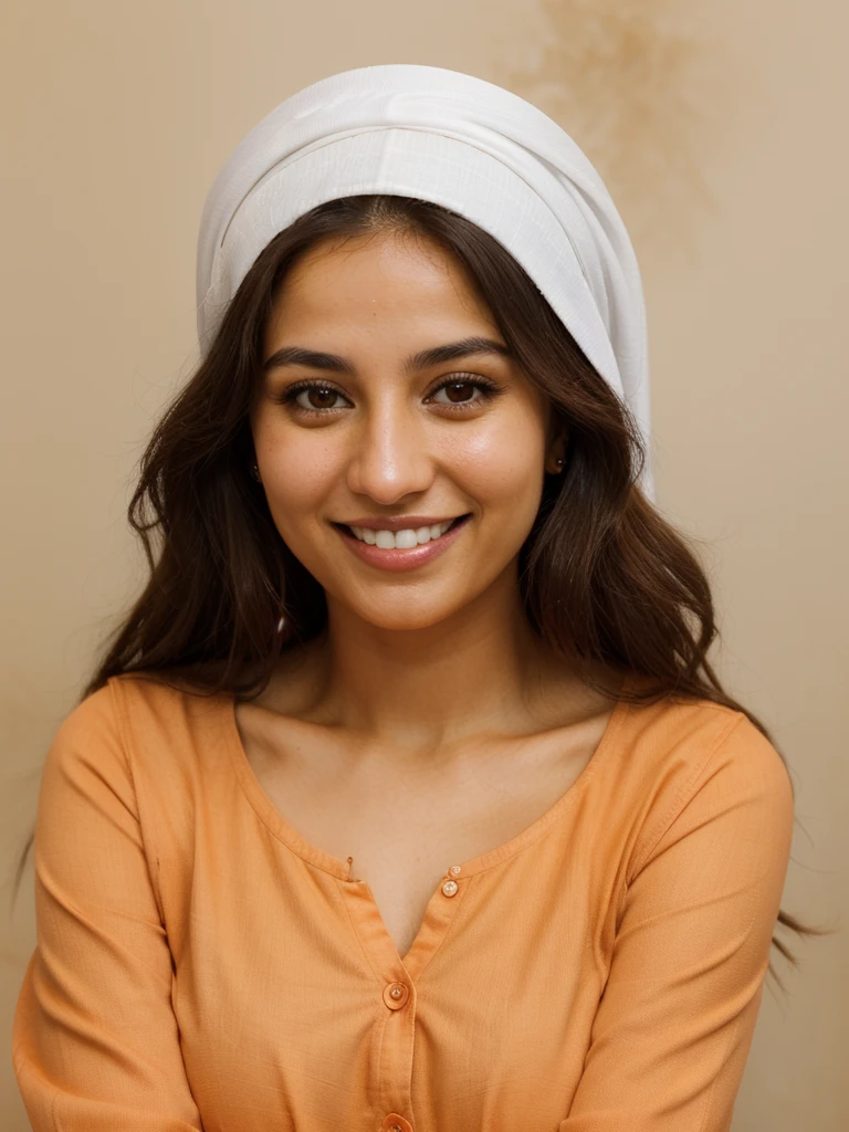 28YO, one women, cute smile, white teethes, Arab, from Jordan, long burnt orange shirt, light brown eyes