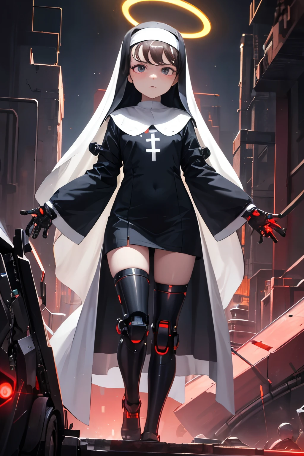 girl ,girl , angry face , futuristic nun dress ,flat chest ,long black hair braided ,(loli body), mechanic-headband, red leds ,red light halo, quality, 8k ,nun uniform , Cyborg arms. Mechanical Limbs Metal, Mechanical legs . Force arms
