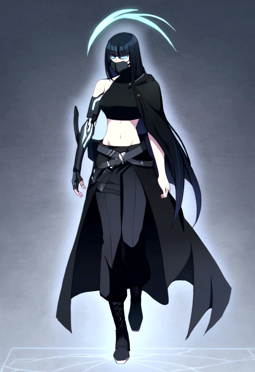 Long black hair woman, cybernetic face mask, wings on the back side of the face mask, fully cybernetic right arm, normal left arm, having a black long shoulder cape on the right arm, wearing a black crop top covering medium sized breasts, and long black pants with boots, having a lightly loose belt. Facing forwards, singular woman