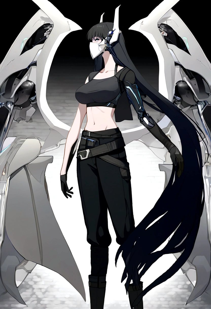 Long black hair woman, cybernetic face mask, wings on the back side of the face mask, fully cybernetic right arm, normal left arm, having a black long shoulder cape on the right arm, wearing a black crop top covering medium sized breasts, and long black pants with boots, having a lightly loose belt. Facing forwards, singular woman