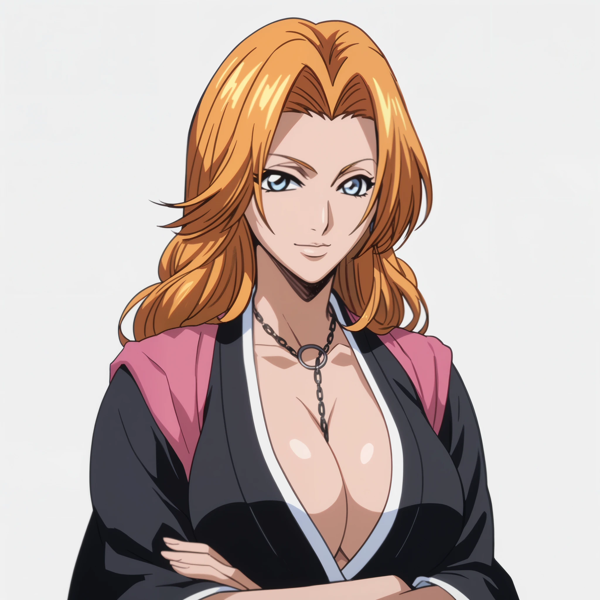 Rangiku Matsumoto, white background, smile, looking at viewer, cleavage, large breasts, arms together, v, v arms,