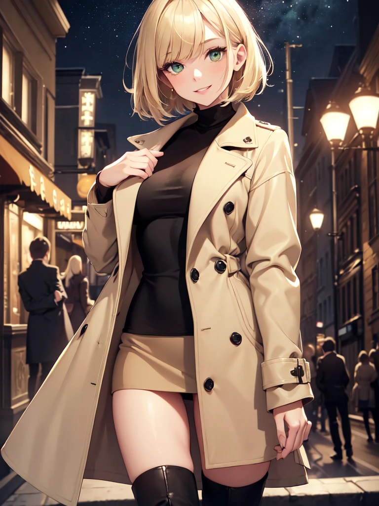 1girl, short blonde hair with bangs, almond shaped green eyes, wearing a simple black turtleneck, a long elegant beige coat, a black mini skirt, black knee high boots, slight makeup, rose lipgloss, smiling softly, black barret, absurdres, high res, ultrasharp, 8k, masterpiece, standing infront of a cafe, starry night sky