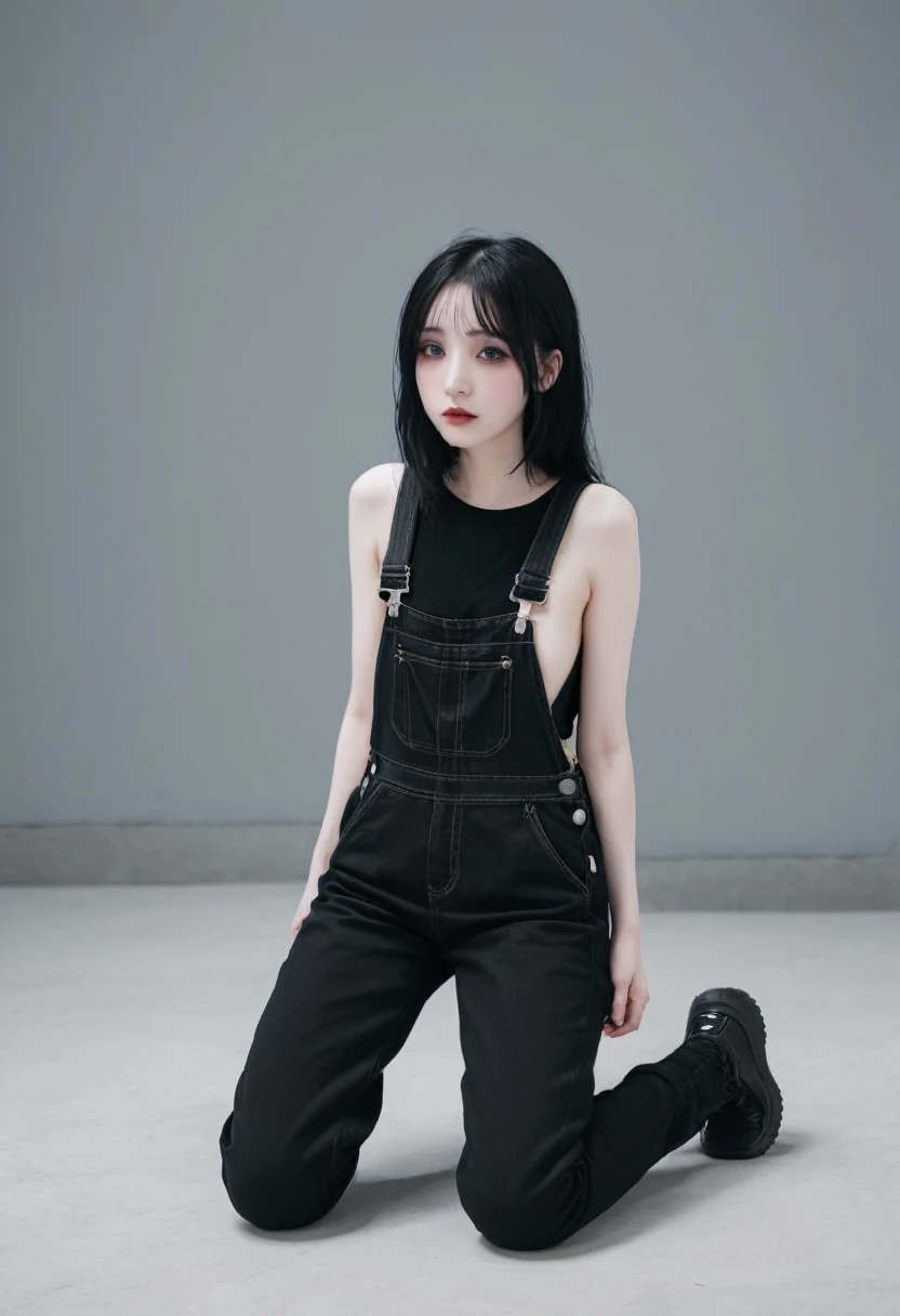 Pale goth, skinny arms, black overalls, kneeling,