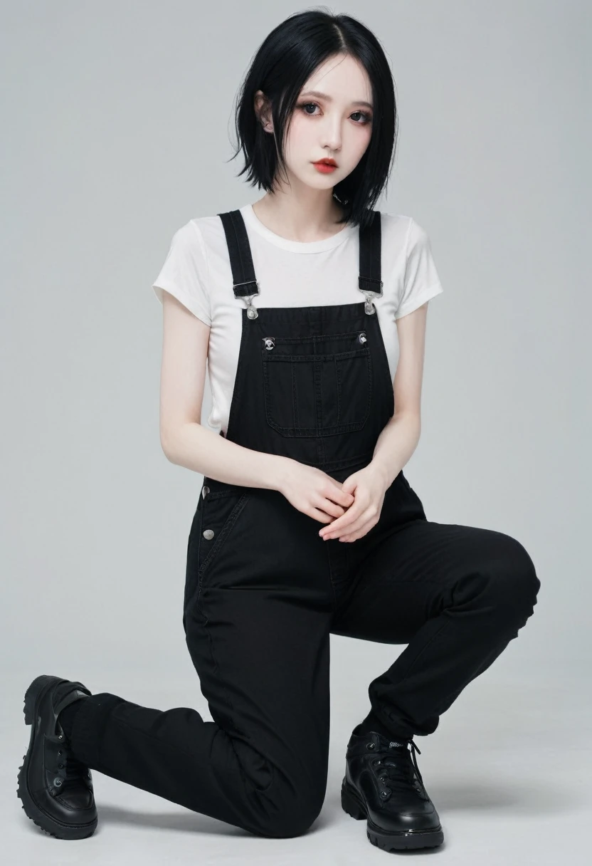 Pale goth, skinny arms, black overalls, kneeling,