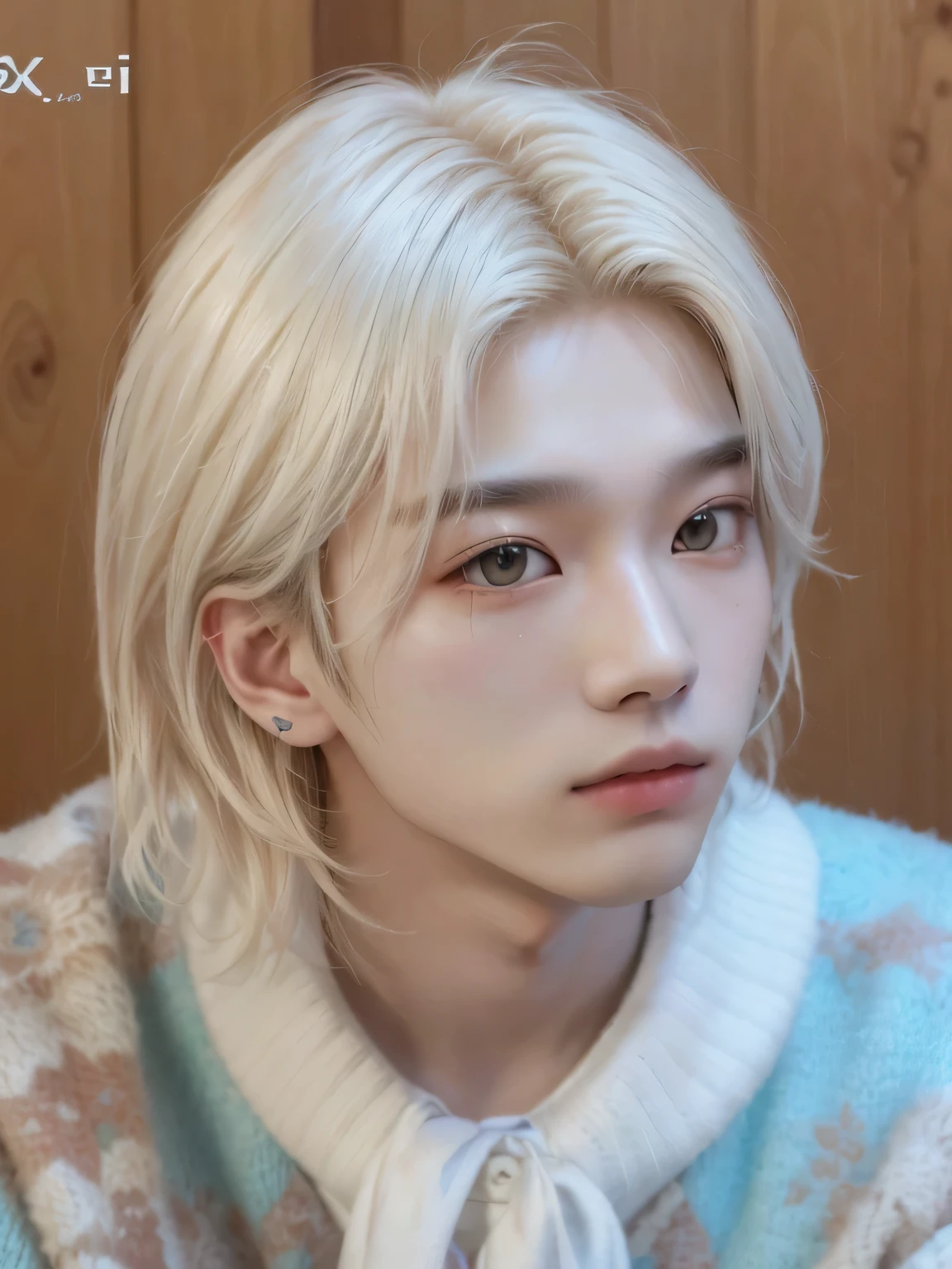 a closeup of a person in a sweater sitting, xqc, cai xukun, pale korean adorable face, delicate androgynous prince, Jung Jaehyun, giga chad llorando, Jimin\his right eyelid is swollen, steven jung, kim doyoung, beautiful androgynous prince, an epic non-binary model, su cabello es blanco lee felix stray kids felix de stray kids skz felix