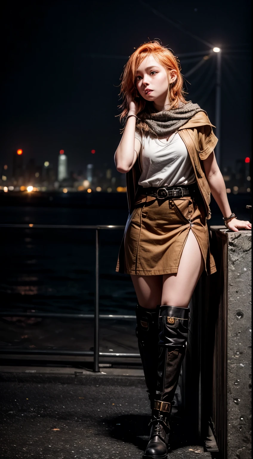 A young woman with richly faded light orange hair and light brown skin standing in a night city setting. She has orange eyes and is wearing a khaki t-shirt, a black skirt, and brown military boots. She has a black long cloak and a brown pouch on her waist belt. The scene is illuminated by city lights, giving it a realistic urban feel. She has a thoughtful expression on her face, with one hand near her chin. Her attire includes dark orange knee pads on her right leg and black tights. The background shows a city skyline with buildings and lights reflecting on the water. The lighting highlights her natural features, making the scene look realistic and detailed.