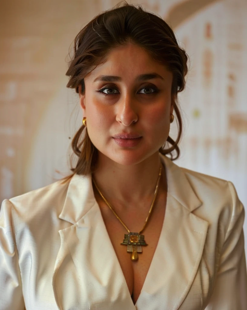 ntg kareena kapoor, white suit with necklace, seductive expression, studio lighting, photography studio backdrop, 1girl, solo, masterpiece, detailed photo, highly detailed, high definition, Hasselblad, no makeup, no filter, rustic, looking at camera, cowboy shot, close up, parted lips,