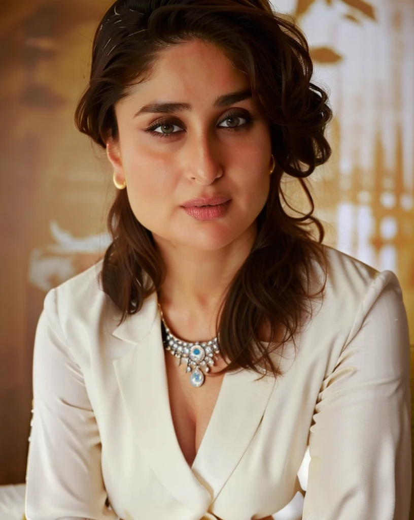 ntg kareena kapoor, white suit with necklace, seductive expression, studio lighting, photography studio backdrop, 1girl, solo, masterpiece, detailed photo, highly detailed, high definition, Hasselblad, no makeup, no filter, rustic, looking at camera, cowboy shot, close up, parted lips,