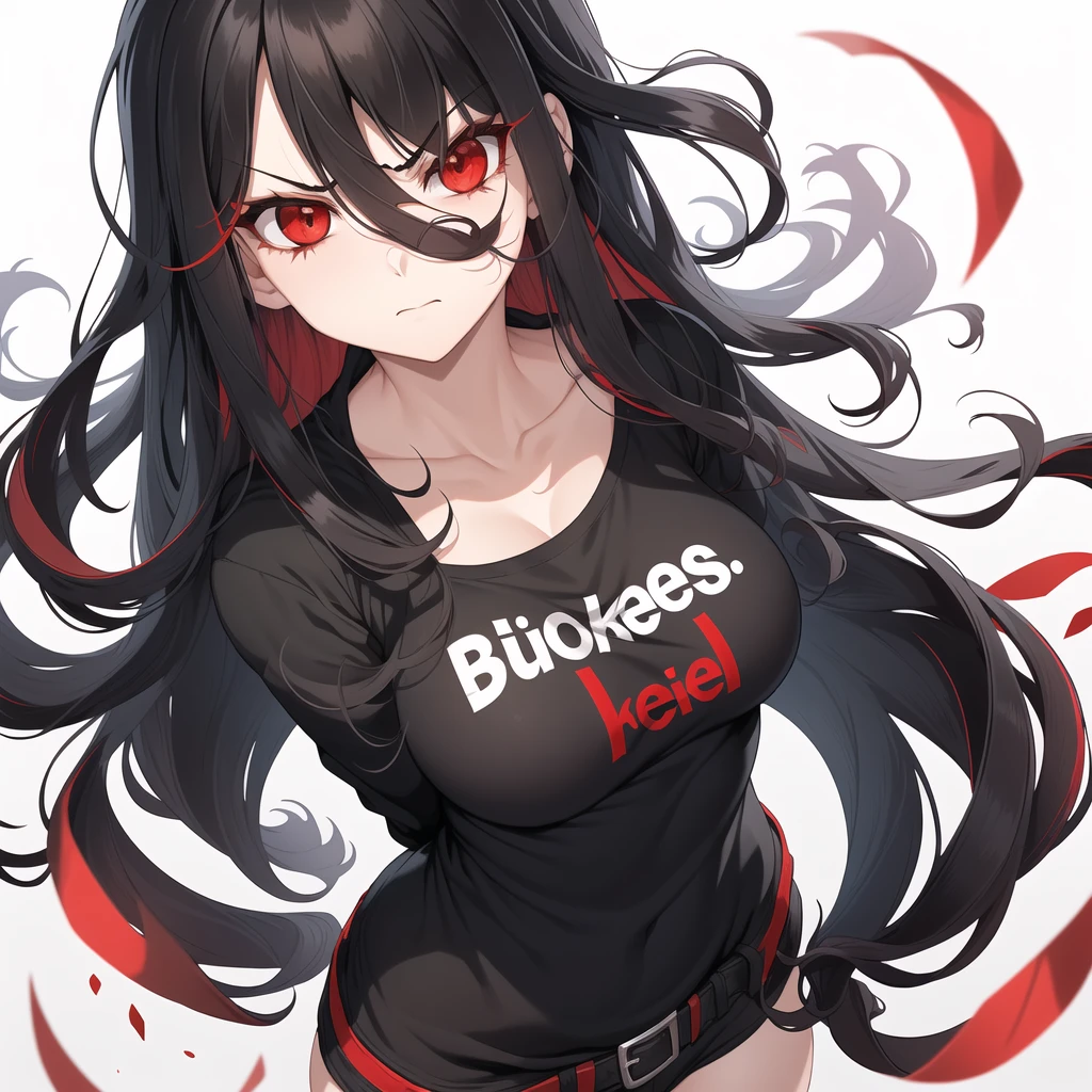 1girl, solo, upper body,
Black hair, long hair, wavy hair, red highlights
Red eyes, long eyelashes, thick eyelashes, looking at viewer,
Angry,
Black shirt,
white background, simple background,