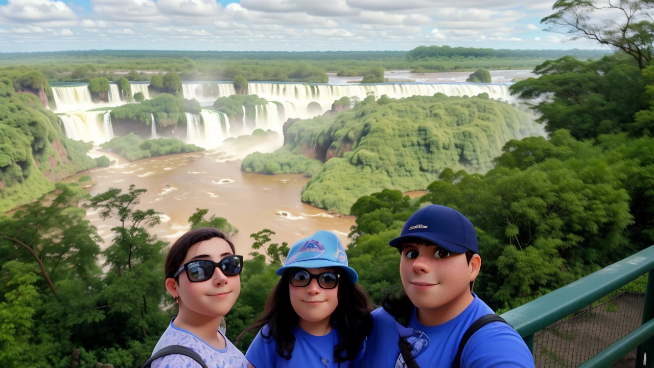 Uma mulher, a ager and a man taking a photo at Iguaçu Falls