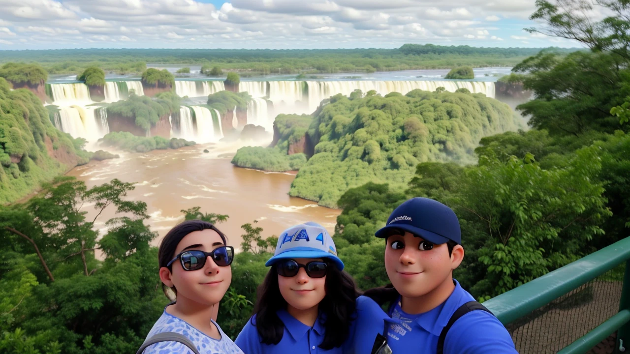 Uma mulher, a teenager and a man taking a photo at Iguaçu Falls