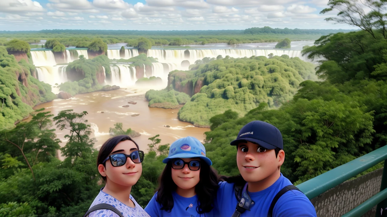 Uma mulher, a teenager and a man taking a photo at Iguaçu Falls