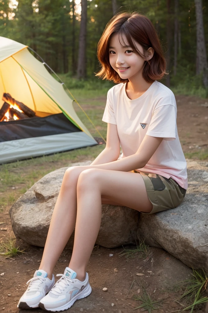 Girl looking at campfire, campsite tent, junior high school third grade, ((full body)), ((photo)), ((best qualtiy, 8K, tmasterpiece:1.3)), Focus:1.2, perfect figure beautiful child:1.4, 1, cowboy shot, look at viewer, incredibly absurd, beautiful and cute  with a photorealistic face, showcasing top-quality craftsmanship, Japanese girl gazing at the campfire at the campsite, 12 years old, short hair, wavy and shiny, crimson hair, big eyes, long eyelashes, smiling face, white teeth, round face, small nose, smooth skin, fair skin, red lips, pink cheeks, lively expression, , delicate, well-balanced proportions, slim, 155cm tall, thin limbs, small A-cup breasts, khaki T-shirt, camouflage shorts, sneakers, beautiful girl, younger sister attributes, active, sociable, cheerful, optimistic, brave, curious, August