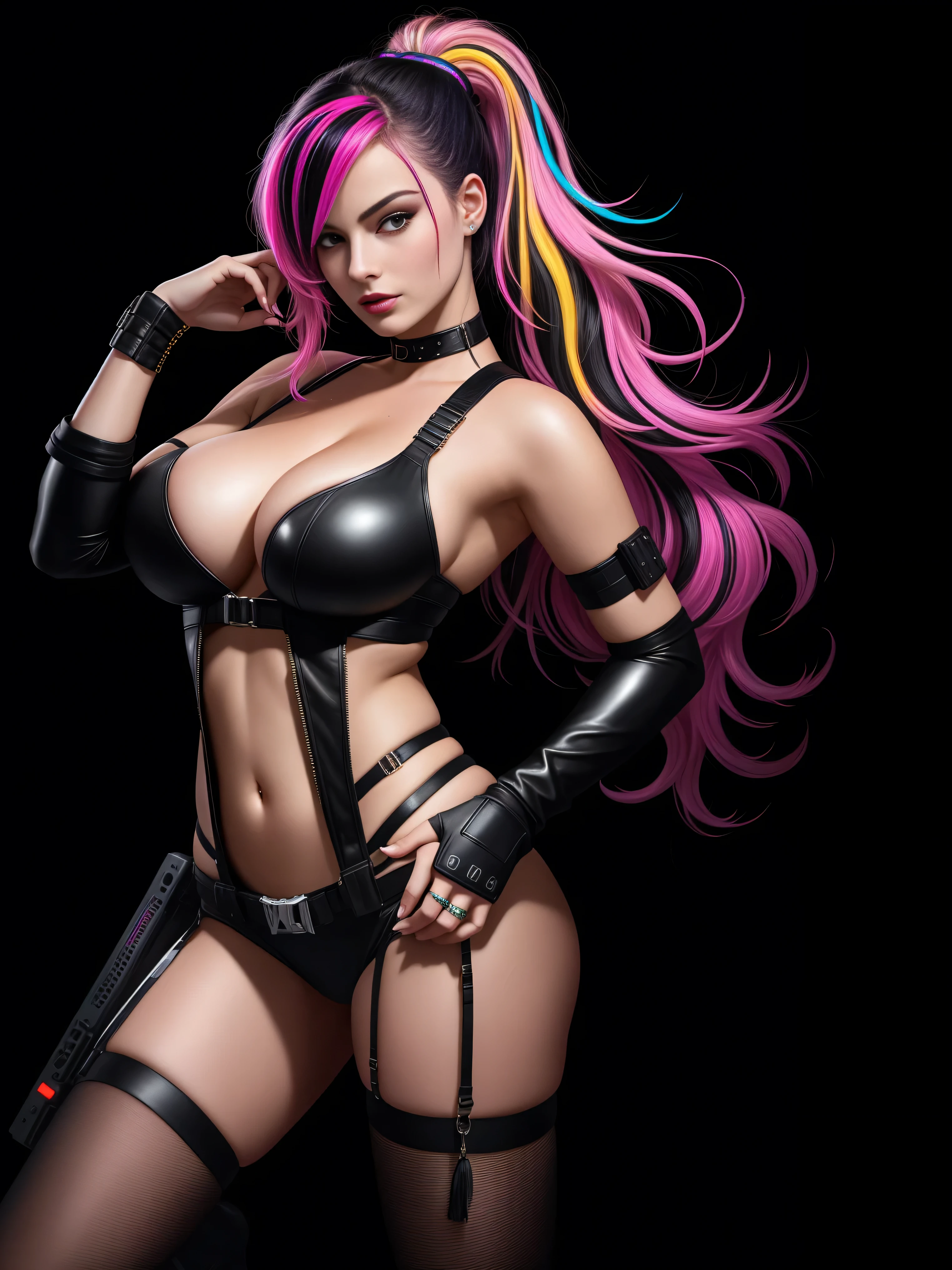 there is Margot Robbie, black neon streaked hair, hair in pony tail, 3 d neon art of a womans body, neon-noir background, cyberpunk femme fatale, seductive cyberpunk dark fantasy, cyberpunk strip clubs, cyberpunk 20 y. o model girl, oppai cyberpunk, banner, high definition cgsociety, cgsociety masterpiece, trending on cgstation, kda, random hair, nice ass, back to camera, gigantic breasts, cleavage, (high detailed skin:1.2), 8k uhd, dslr, super lighting, high quality, film grain, high res, highly detailed, hyper realistic, beautiful face, beautiful body, beautiful eyes nose lips, alluring expression, very bold, upper visible, full body photo, standing legs apart, pale translucent glowing skin, most beautiful face, cute, (well defined pubic hair:1.2)), (dark plain black background:1.4))
