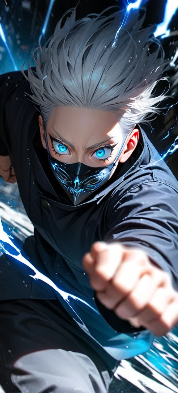 High quality, ultra realistic,absurdres, highres, ultra detailed, HDR, masterpiece, extremely detailed face and eyes, Gojo satoru , jujutsu kaisen,, white hair ,black shirt , solo, ,man, handsome, ,white eyeleshes, blue eyes , Epic fight scene, blue splashing effect,blue lightning effect,glowing glitters , black eyes masker