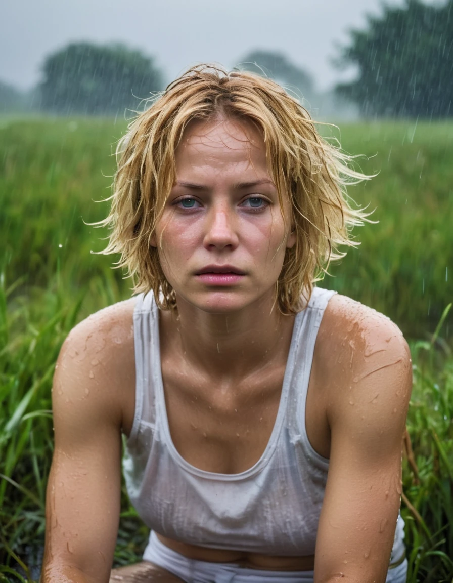 HDR photo of woman with messy blonde bob hair, eyes closed, white tank top and underwear, clinging clothes, sitting in a grass field in the rain, raining, wet skin, wet hair, foggy, misty rain, puddle of water, reflection . High dynamic range, vivid, rich details, clear shadows and highlights, realistic, intense, enhanced contrast, highly detailed
