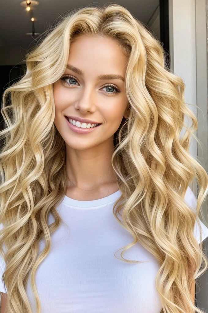 Woman with big smile and long blonde hair wearing sexy yellow T-shirt, Curly blonde, curly blonde hair | D & D, long curly light blond hair, blonde curly hair, long curly windblown blonde hair, curly blonde hair, long curly windblown blonde hair, curly blond hair, blond curly hair, blonde goddess, a gorgeous blonde, pale skin, curly blonde hair, long wavy blonde hair, restaurant drinking coffee 