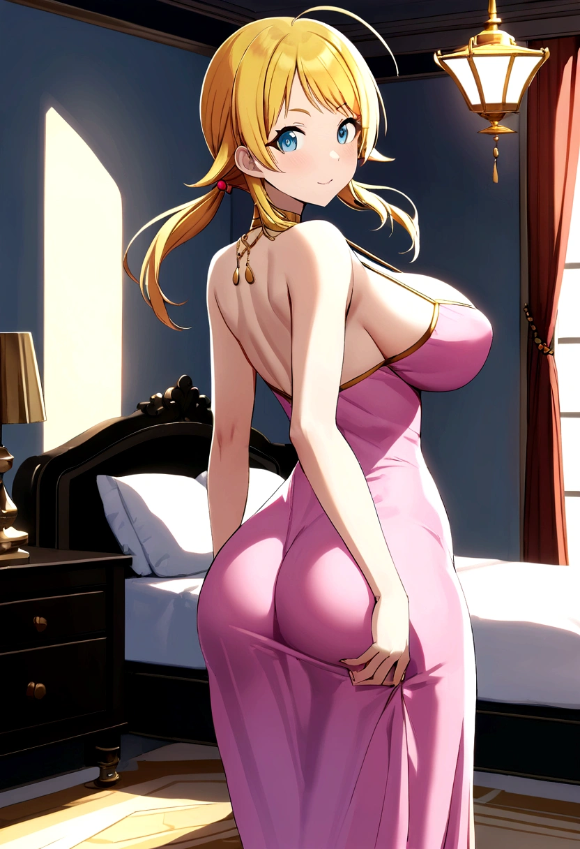 blonde Hachimiya Meguru with twintails, a very detailed face, blue eyes, a pink tight simple dress with very large breasts, a slim waist, slim hips, a very deep cleavage, golden necklaces and a golden choker. She is stadning with her back and butt towards the viewer while looking back at the viewer. She is stadning in front of a bed in a palace bedroom.