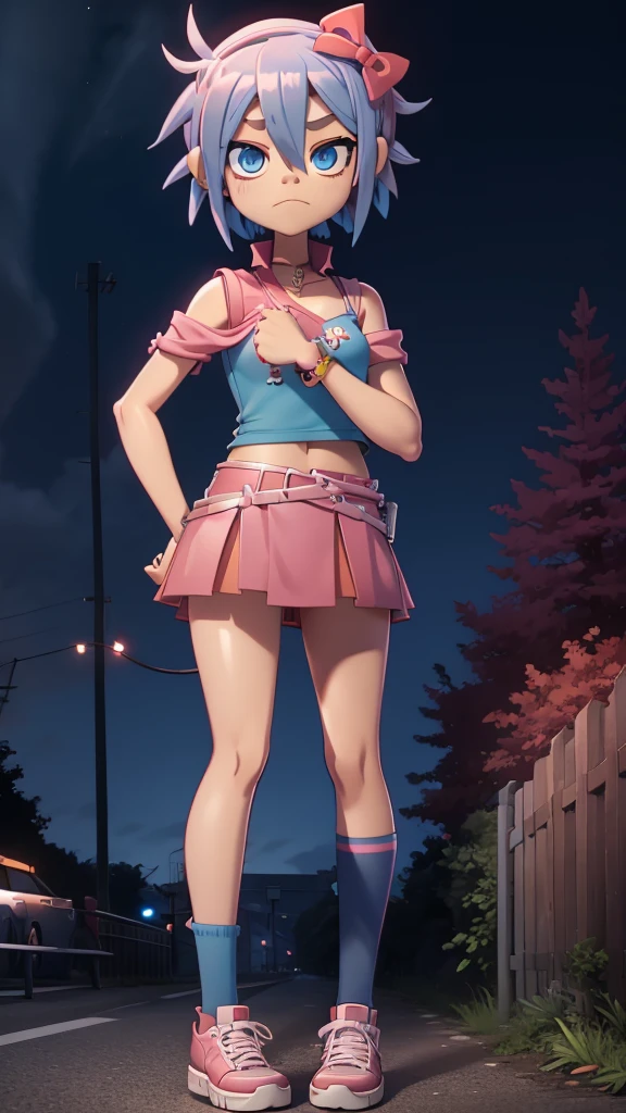 Sayori from ddlc gorillaz animation style, blue eyes, short coral pink hair, red bow in hair, lock between eyes, blue eyes, clothes; pink shirt, blue shorts, white shoes with blue tips, Gorillaz animation style, atmosphere: street, night, trees, sayori lighting . gorillaz animation style